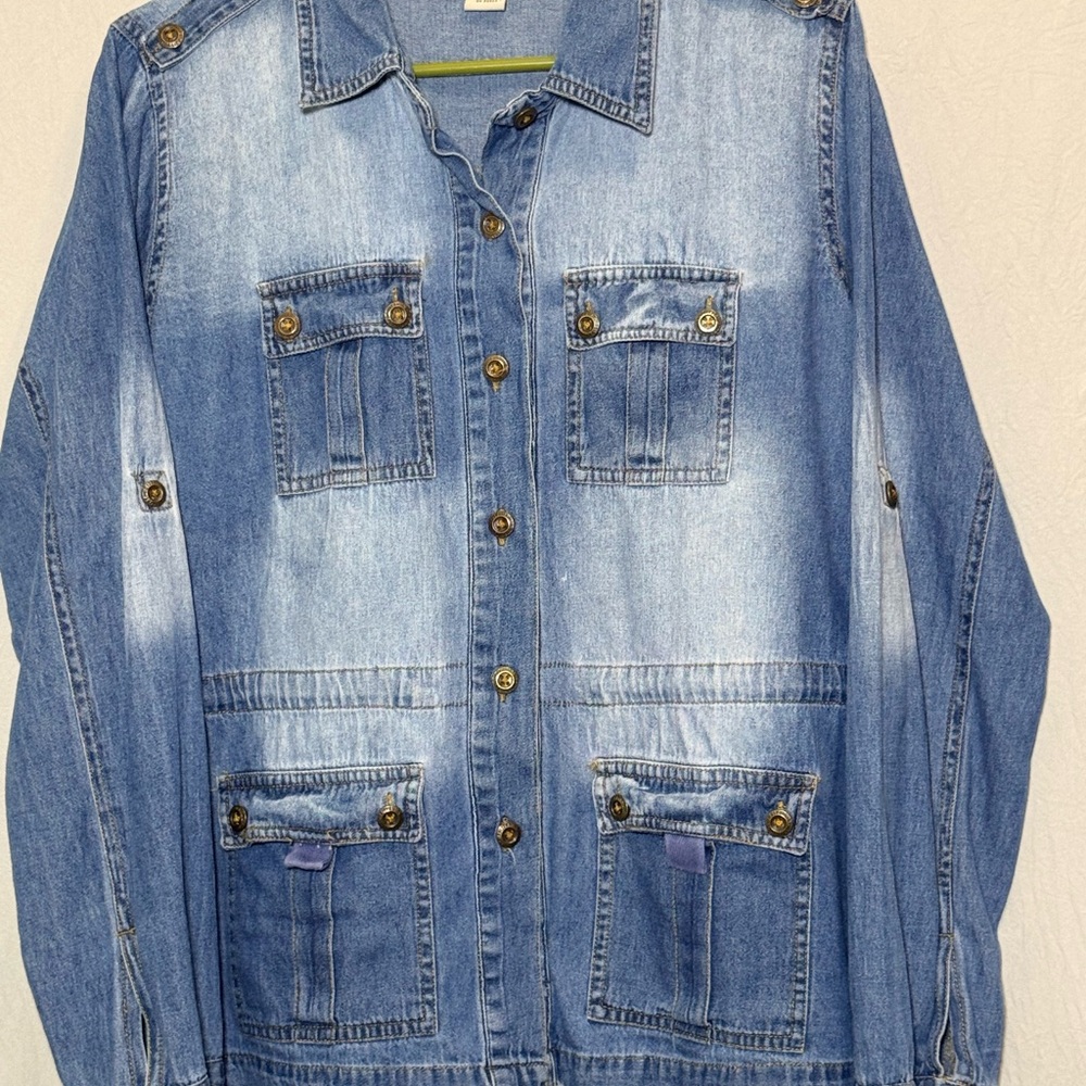 Vintage Rebellion Denim Jacket with Brass Buttons Multiple Pockets